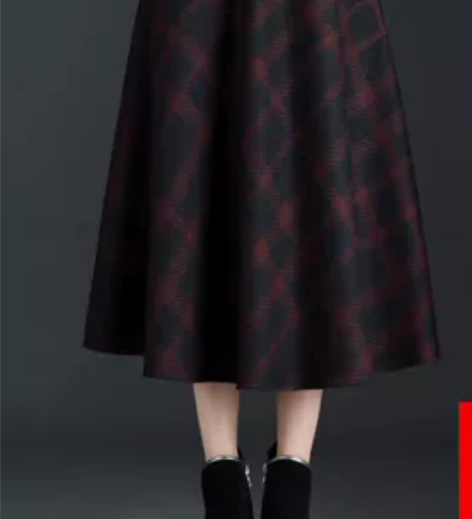 毛呢半身裙女秋冬季大摆格子裙高腰冬裙中长a...