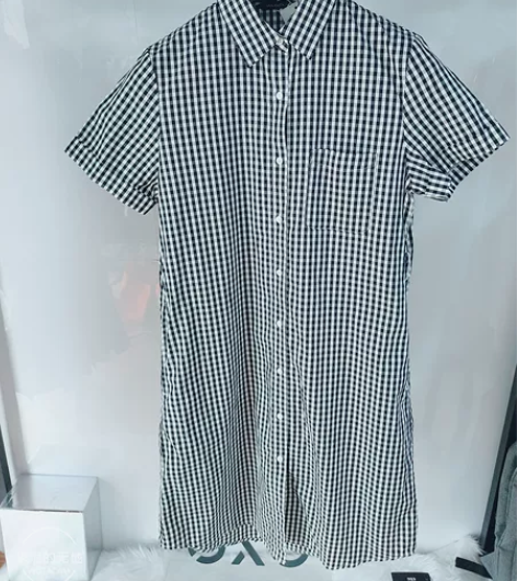 品牌夏季女装梭织黑格子文艺风休闲纯棉短袖衬...