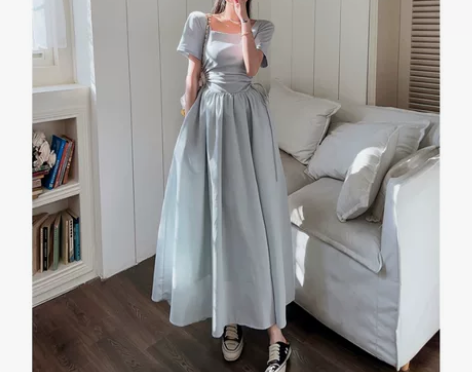 法式高级感极简风高腰显瘦镂空方领拼接针织长...