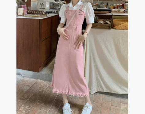 【节日价】毛边牛仔背带连衣裙女夏季2023...