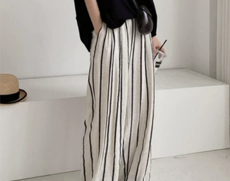 白色条纹亚麻女裤垂感休闲阔腿裤夏薄款棉麻显...